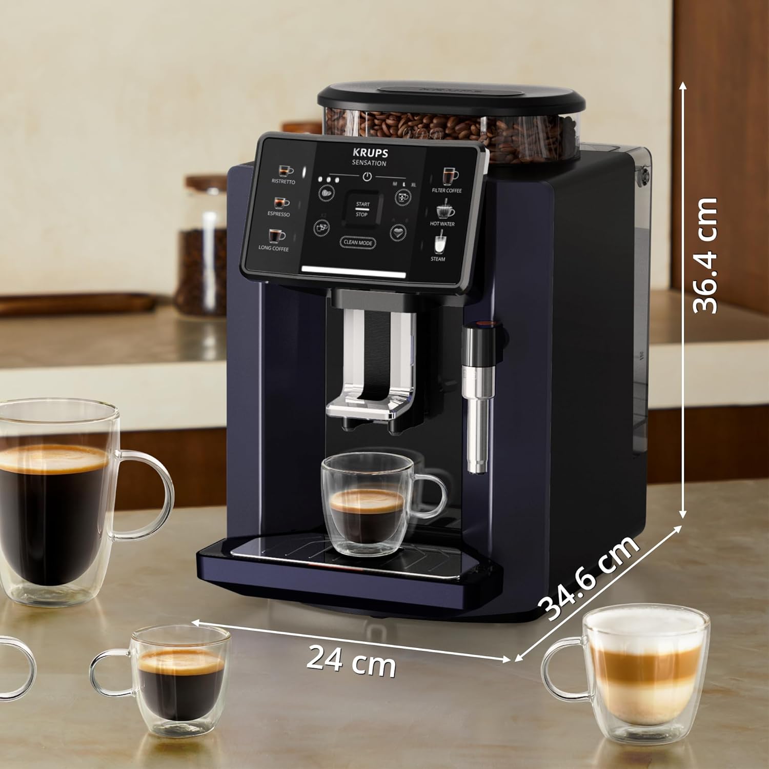 Krups EA910B Sensation Kaffeevollautomat Nachtschwarz/schwarz, benutzerfreundlich, pflegeleicht, Beleuchtungswarnungen, bequeme Reinigung, benutzerdefinierte Einstellungen