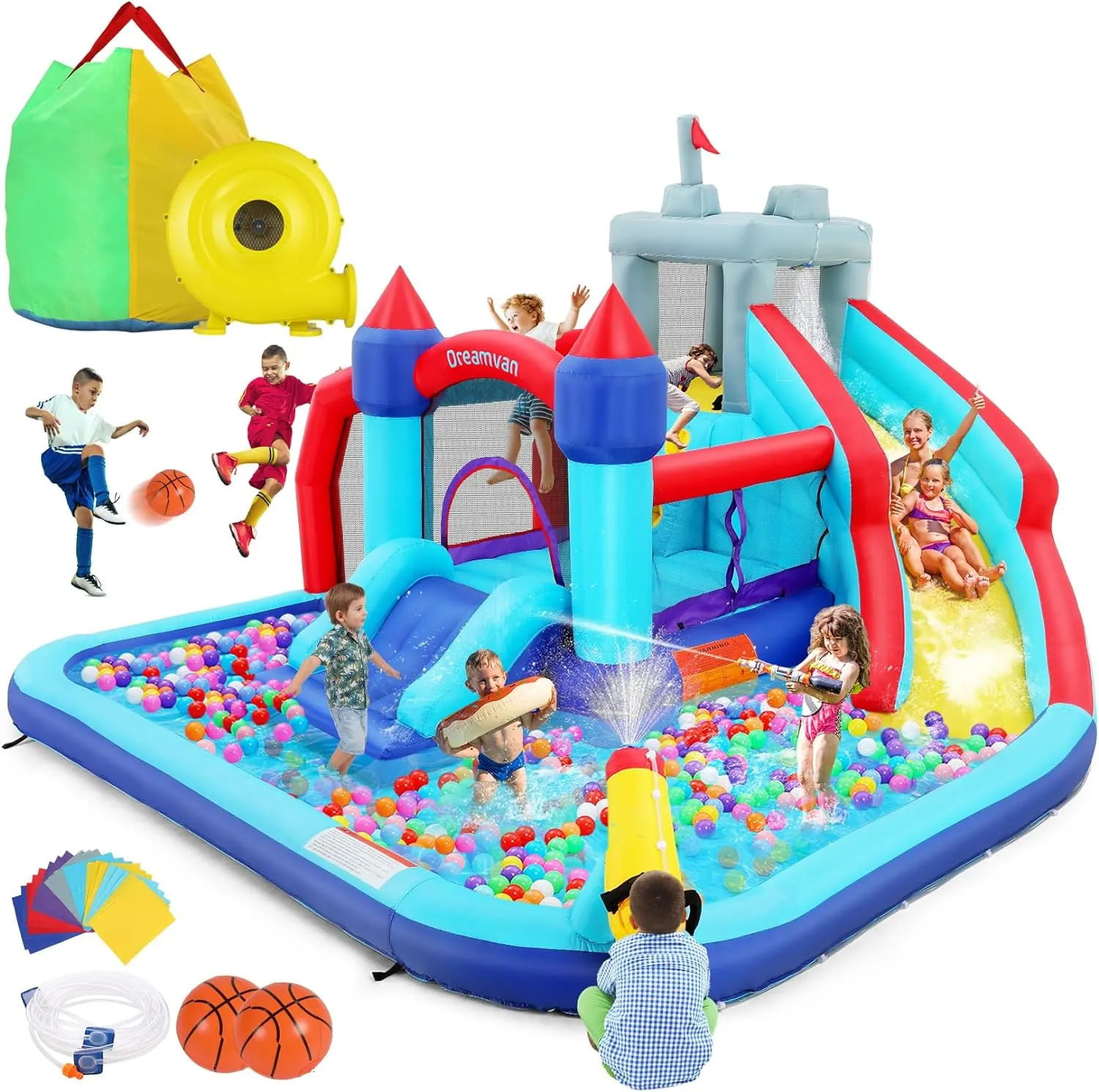 Aufblasbare Wasserrutschen f��r Kinder, 8-in-1-H��pfburg-Wasserpark mit 450-W-Gebl?se, Kletterwand, Planschbecken, 2 Wasserkanonen, Basketballkorb, Wasserrutsche, Krokodilsprinkler als Geschenk f��r eine Gartenparty