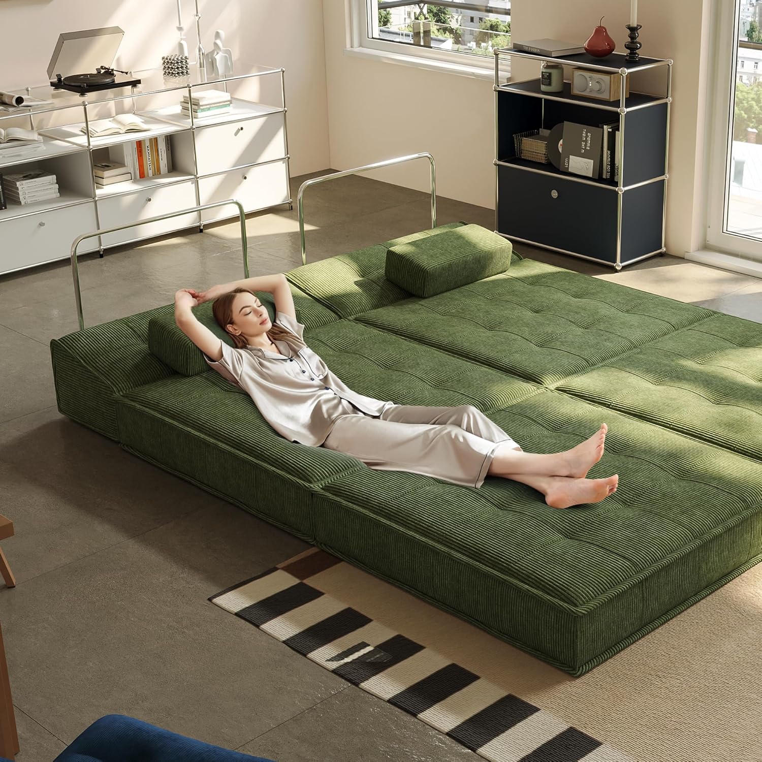 6 in 1 Schlafsofa 160x100cm,Klappbare Matratze 200x160cm mit festem Rahmen, bequemer ausklappbarer Futon, 4-Sitzer Gästesofa modularer Loveseat ohne Federkern für Wohnzimmer