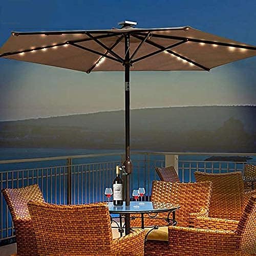 Garten-Sonnenschirm, runder Sonnenschirm mit gebogenem Schirmmast, LED-Hof-Sonnenschirm ohne Sockel, Solar-Lichtschirm, tragbarer Markt-Esstisch-Sonnenschirm für Strandgarten (braun 2,0 m)