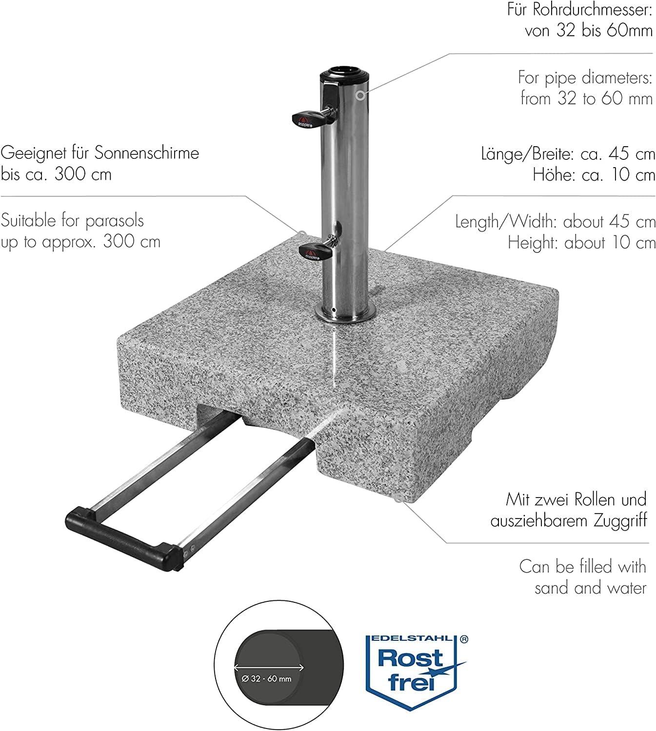 Doppler Trolley Granitsockel 45kg mit Rollen I Schirmständer für Sonnenschirme mit max. 250cm Schirmdurchmesser & 3,2-6,0cm Rohrdurchmesser I Sonnenschirmständer mit Auszieh-Griff