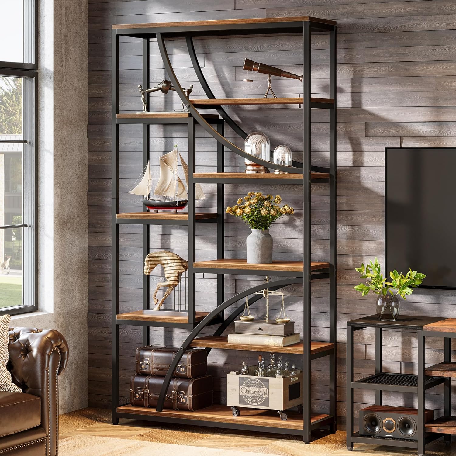 Tribesigns Bücherregal, 180 cm Regal mit 9 Ebenen, Großer Geometrischer Bücherschrank mit Offenen Fächern, Frei Stehendes Holz- & Metall Standregal für Wohnzimmer, Industrie-Design, Braun & Schwarz