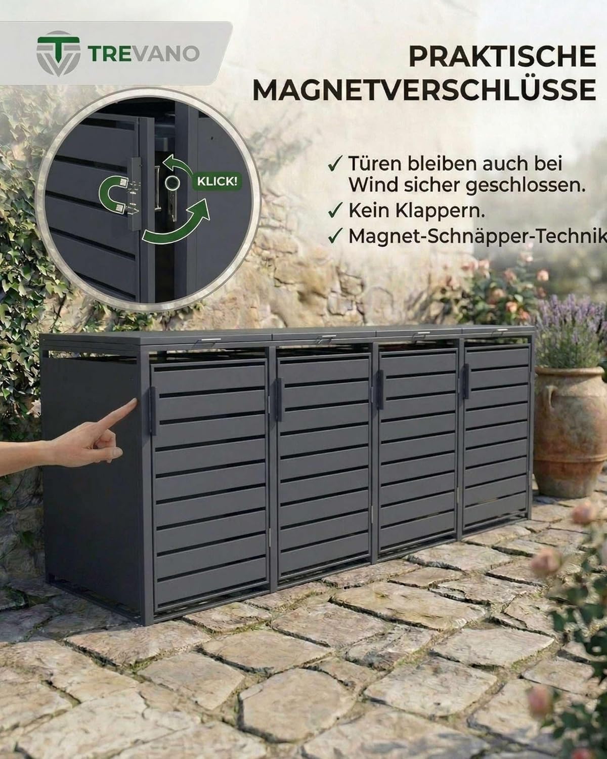 TREVANO Mülltonnenbox 3er 240l - Mülltonnenverkleidung 3 Tonnen Anthrazit - Robustes Mülltonnenhaus aus Stahl - Wetterbeständige Müllboxen für 3 Tonnen - Mülltonnen Unterstand 120l-240l