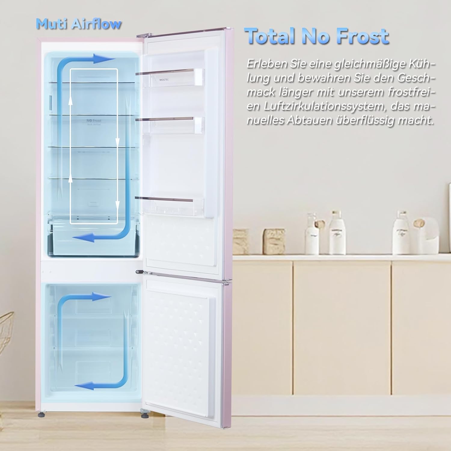 magictec Retro Kühlschrank Mit Gefrierfach Vintage 179cm,【Total No Frost Plus 】, 236L (168L/68L Gefrierfach) | Kühl Gefrierkombination Freistehend Retro | Elektronische Steuerung | Türalarm | Rosa