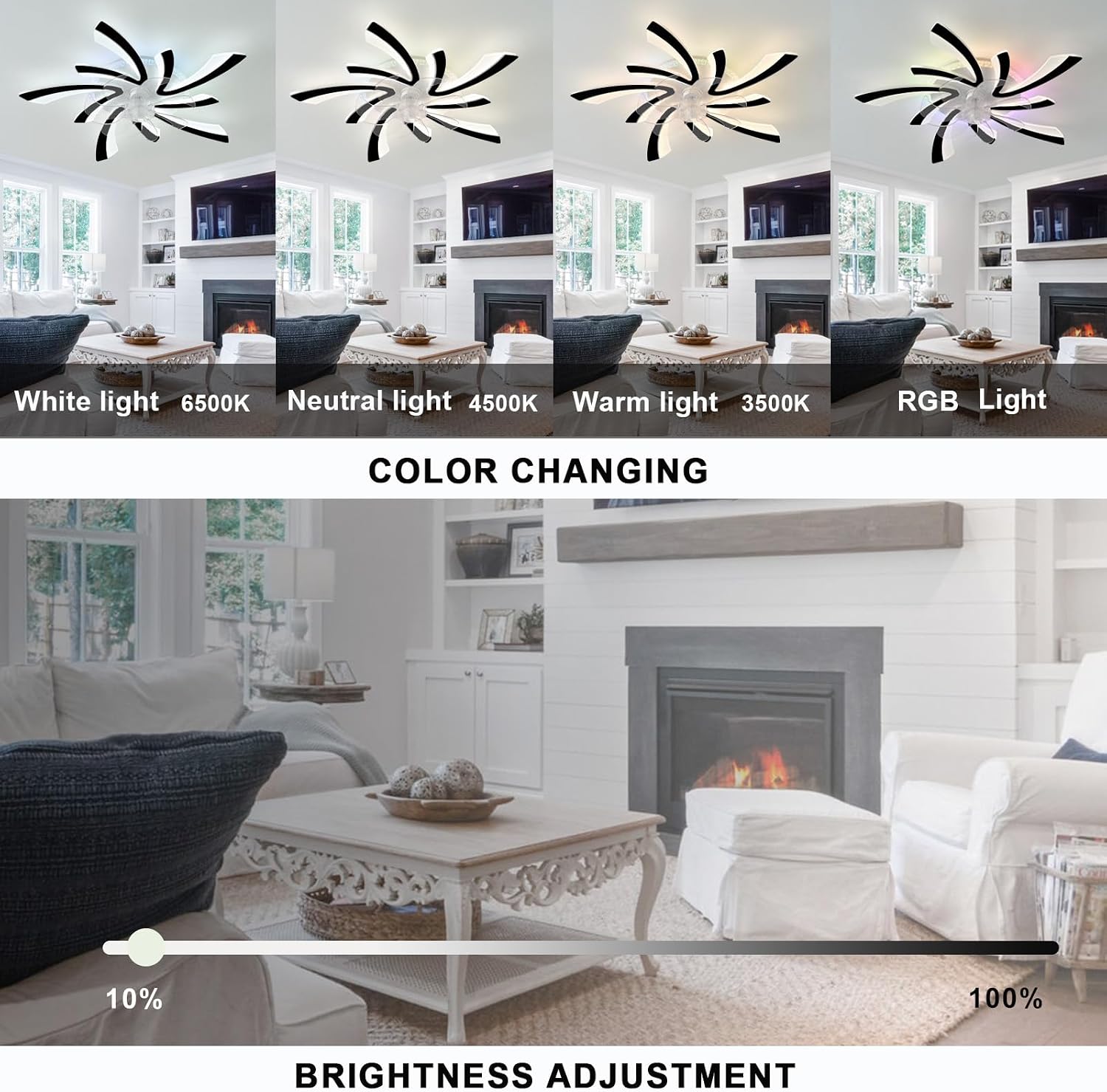 RGB Deckenventilator Mit Beleuchtung Und Fernbedienung Leise, Moderne Blume Ventilator Lampe LED Dimmbar, 6 Gang DC Motor Reversibler Deckenlampe Mit Ventilator Für Schlafzimmer Wohnzimmer-Black