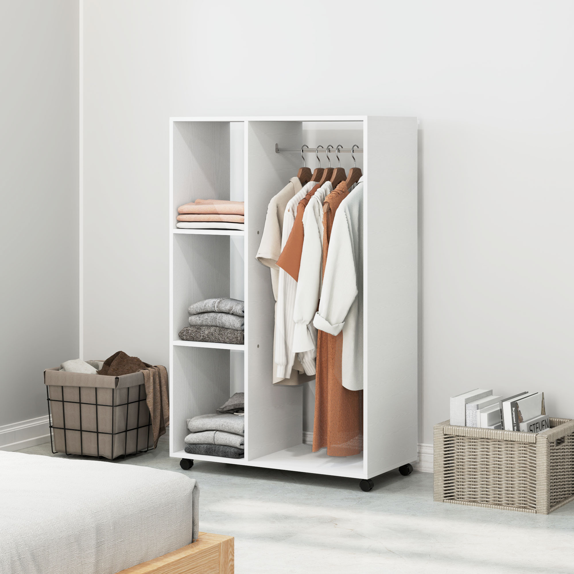 Mobiele Open Garderobe op Wielen, Garderobekast, Verplaatsbaar Kledingrek, 80 x 40 x 128 cm, Wit
