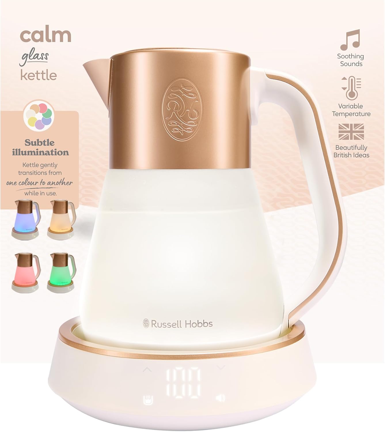 Russell Hobbs Wasserkocher Glas [1,7L, Temperatureinstellung 40-100°] Calm (LED-Beleuchtung, beruhigende Klänge, Leise-Koch-Technologie,Warmhaltefunktion,Digitaldisplay,Touch-Bedienung,2400W) 27450-70