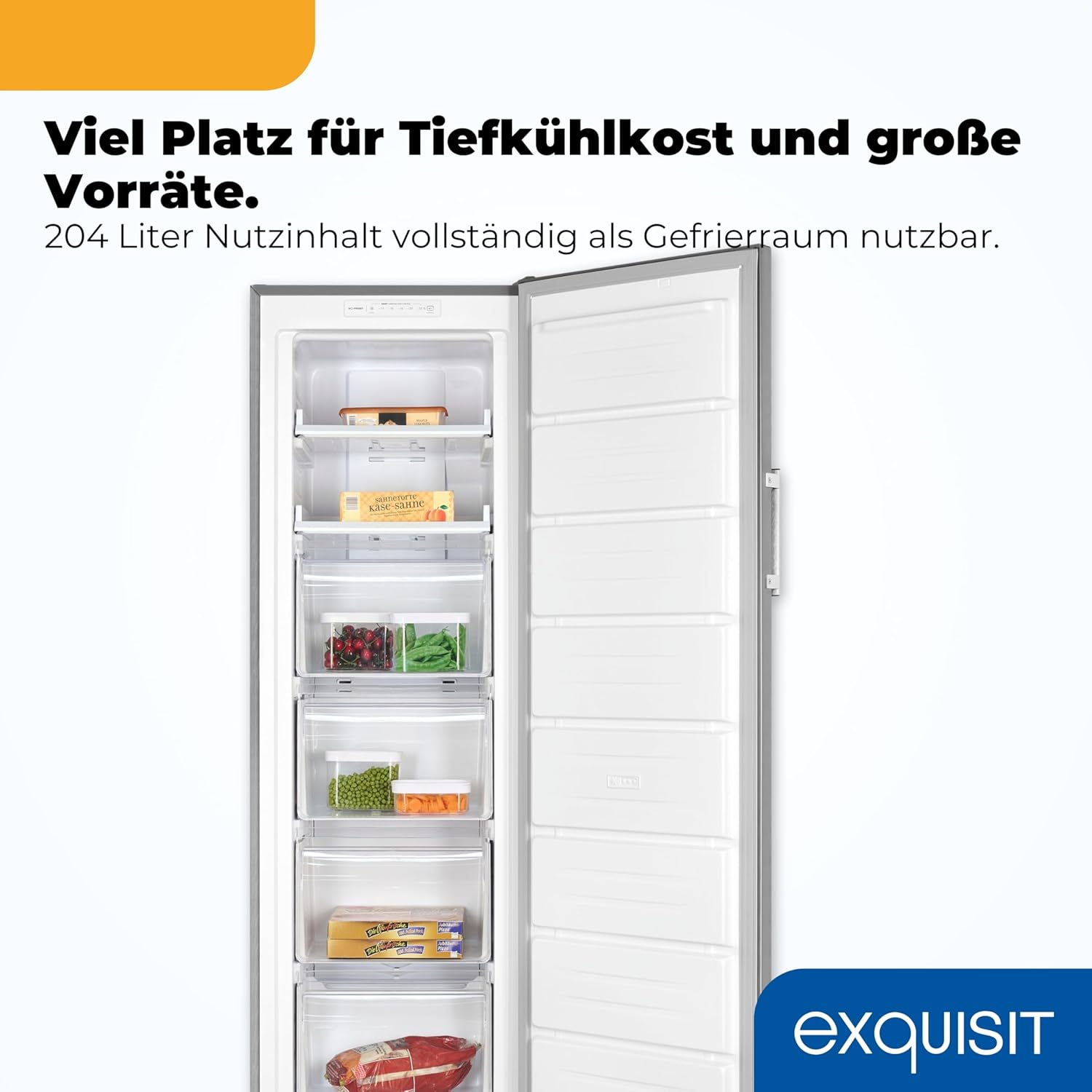 Exquisit Gefrierschrank 204 l Nutzinhalt, Energieklasse E, 39 dB(A) NoFrost, Schnellgefrieren, elektronische Temperaturregelung, Türalarm, hohe Bauform für mehr Stauraum GS5271-NF-H-040E weiss