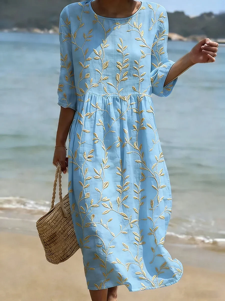 Midi-Kleid mit Pflanzen- und Blumendruck und Rundhalsausschnitt