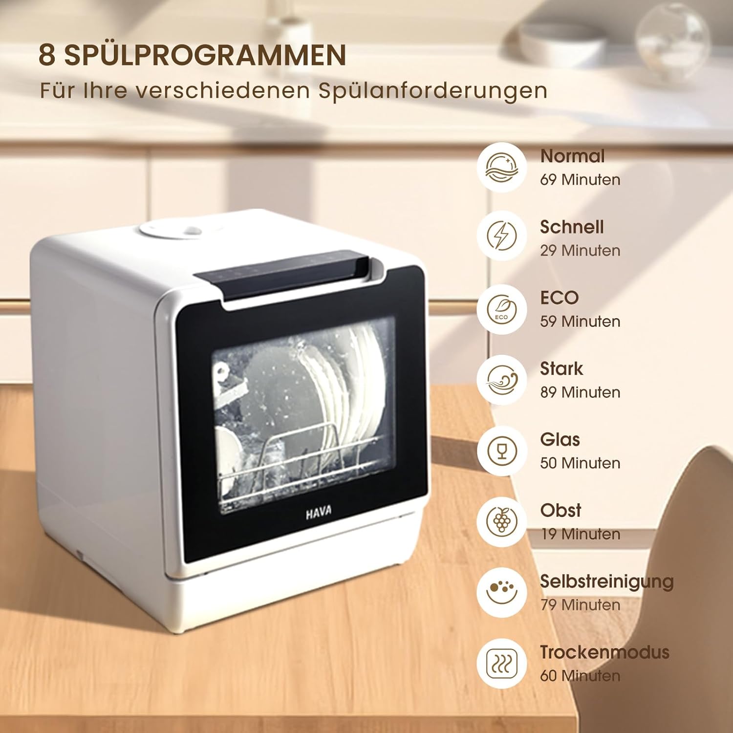 HAVA Tischgeschirrspüler, 8 Programme NEUES Modell, mini Spülmaschine mit Kindersicherung & Startverzögerung, 5L Wassertank für Wohnungen, Schlafsäle und Wohnmobile