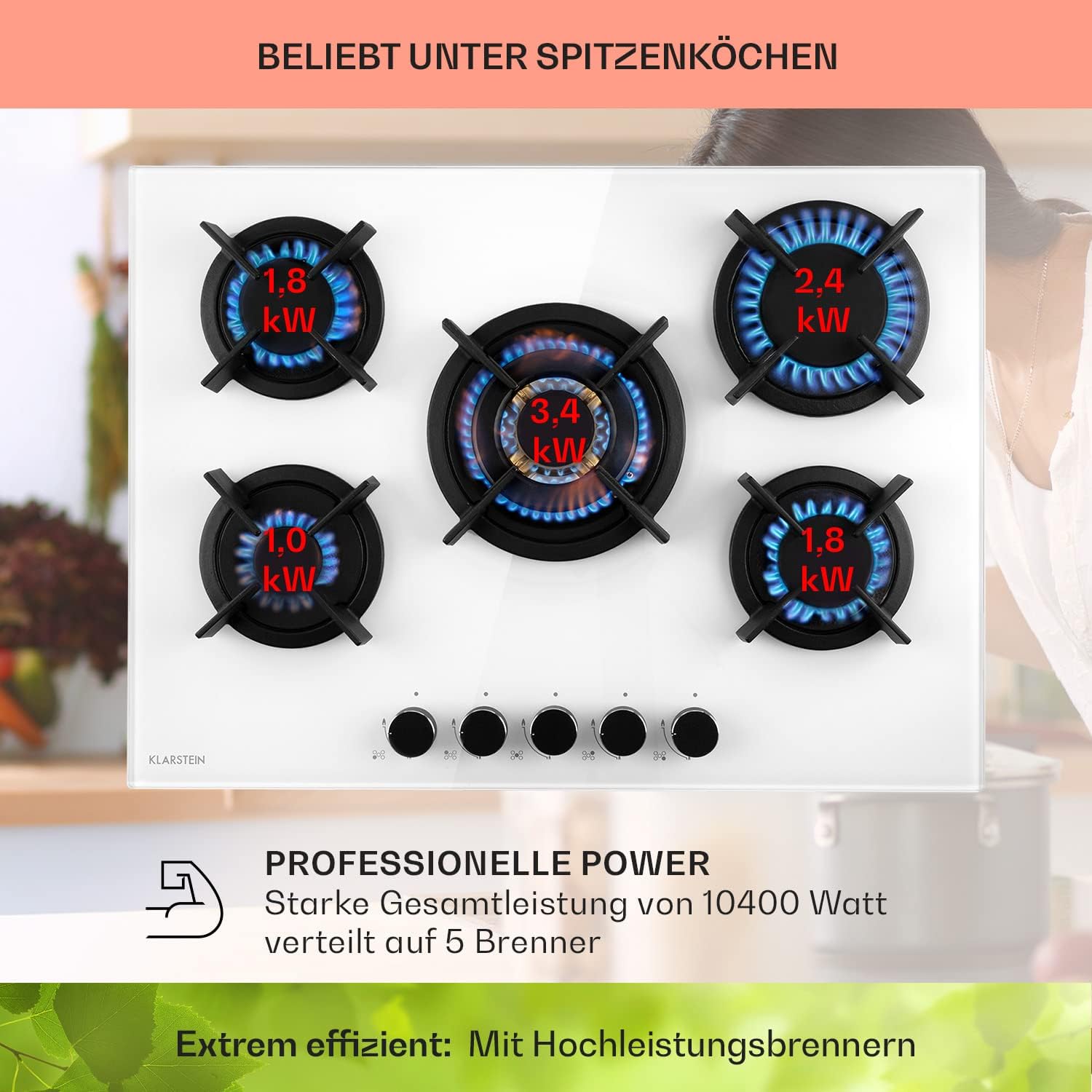Klarstein Gasherd, Gaskochfeld 5 Flammen, Einbau-Gaskocher für Zuhause & Wohnmobil, Campingkocher mit Glasplatte, Gasherd für Propan- und Erdgas, Edelstahl Gas-Herdplatte Wok Brenner 10400 Watt