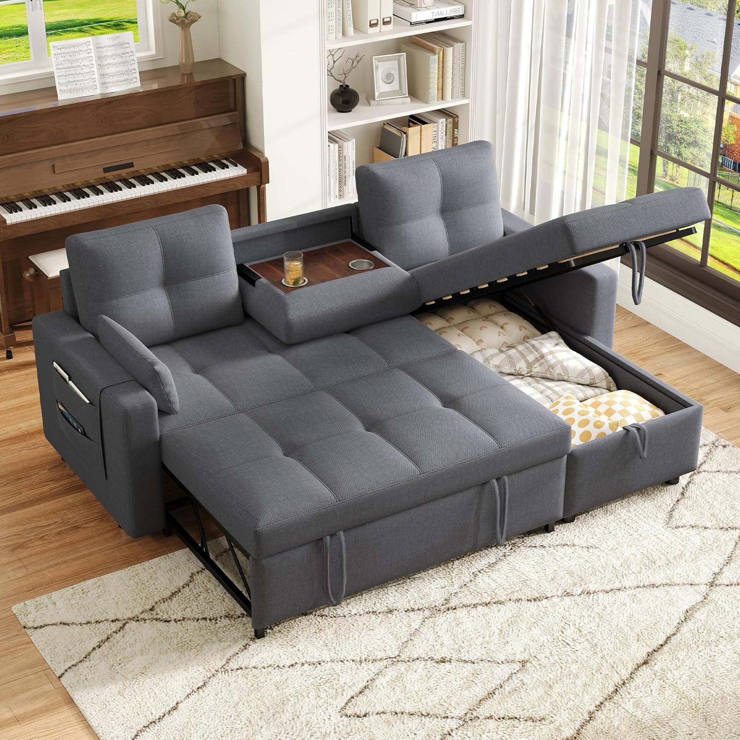 Modernes L-Sofa, modulares ausziehbares Schlafsofa mit Schlaffunktion, ausgestattet mit Stauraum, herunterziehbarem Getränkehalter, geeignet für Wohnzimmer, Heimkino (Grau)