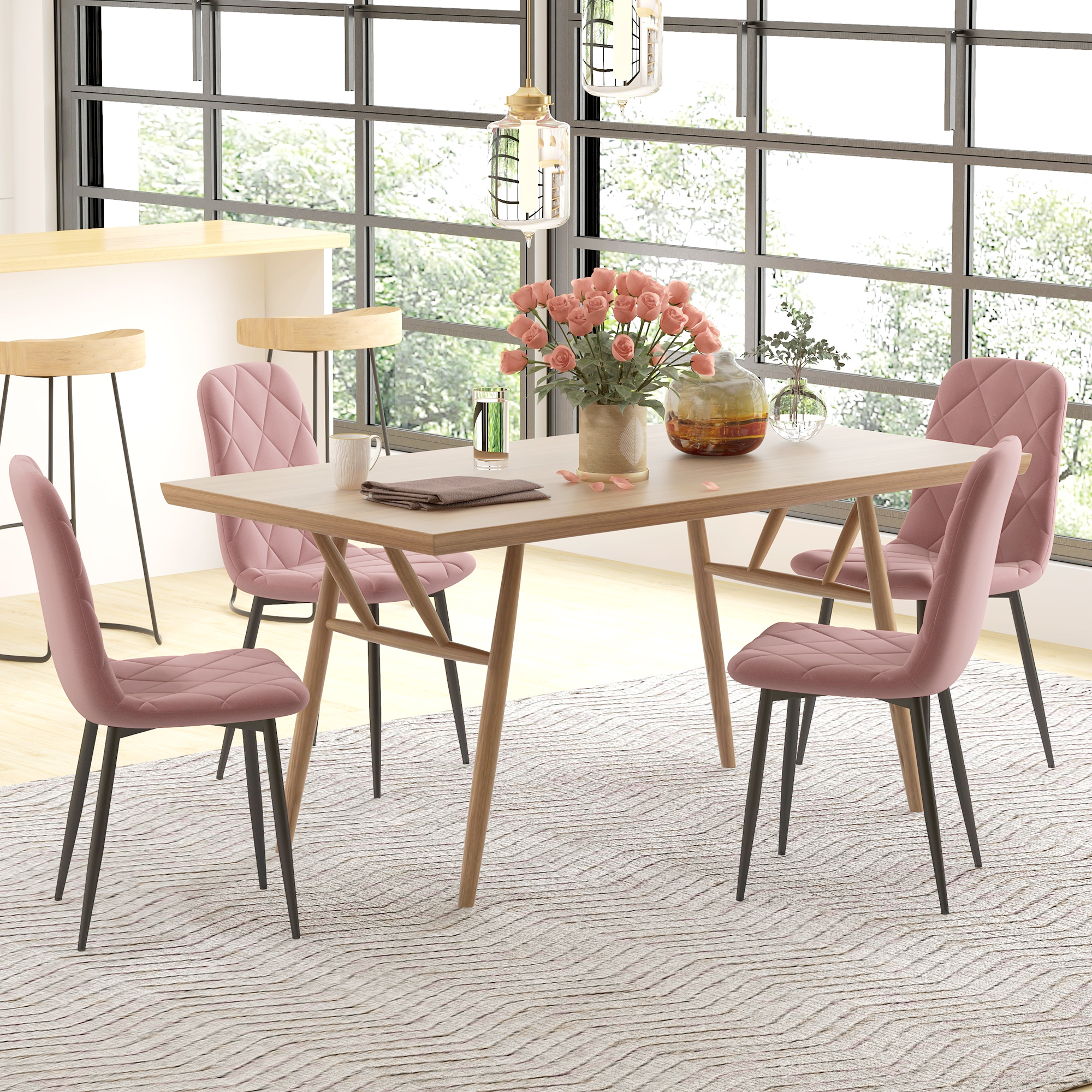 4-delige Set Eetkamerstoelen in Fluwelen Look met Rugleuning, 45 x 54 x 87 cm, Roze