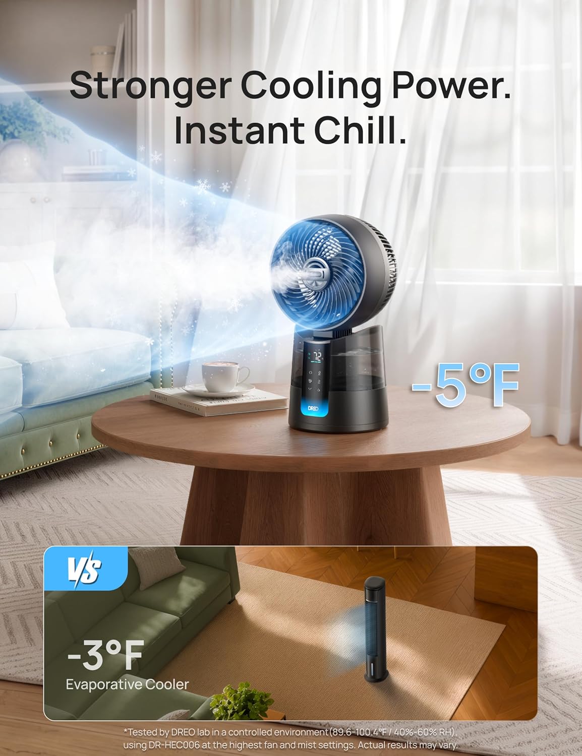 DREO TurboCool Ventilateur brumisateur 516, omnidirectionnel 150° + 30°, ventilateur de refroidissement oscillant qui souffle de l'air froid, vent de 7,9 m/s, brume ultrafine, 20 dB, réservoir de 1,3