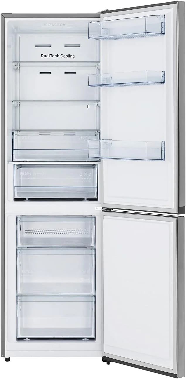 Hisense RB327N4ADD Koelvriescombinatie, EEK D, Total NoFrost, Verwisselbare Deurscharnieren, Flessenrek, 171 Liter Koelgedeelte, 85 Liter Vriesgedeelte, Roestvrijstalen look