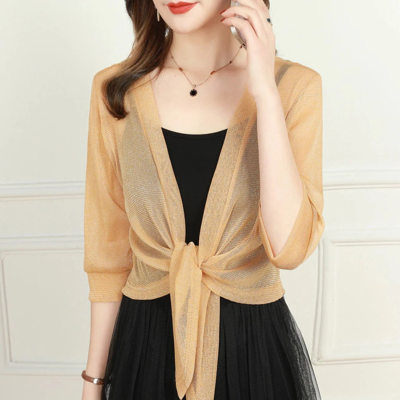 Transparente Damen-Bluse mit Bindeknoten und 3/4-?rmeln