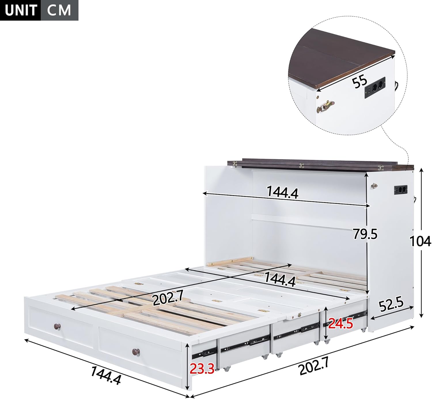 Schrankbett, 140 x 200, Mobiles Schrankbett mit Schubladen am Bettende und Regal am Kopfende des Bettes, mit USB und Steckdose, Umbaubares Plattformbett, Ohne Matratze, weiß