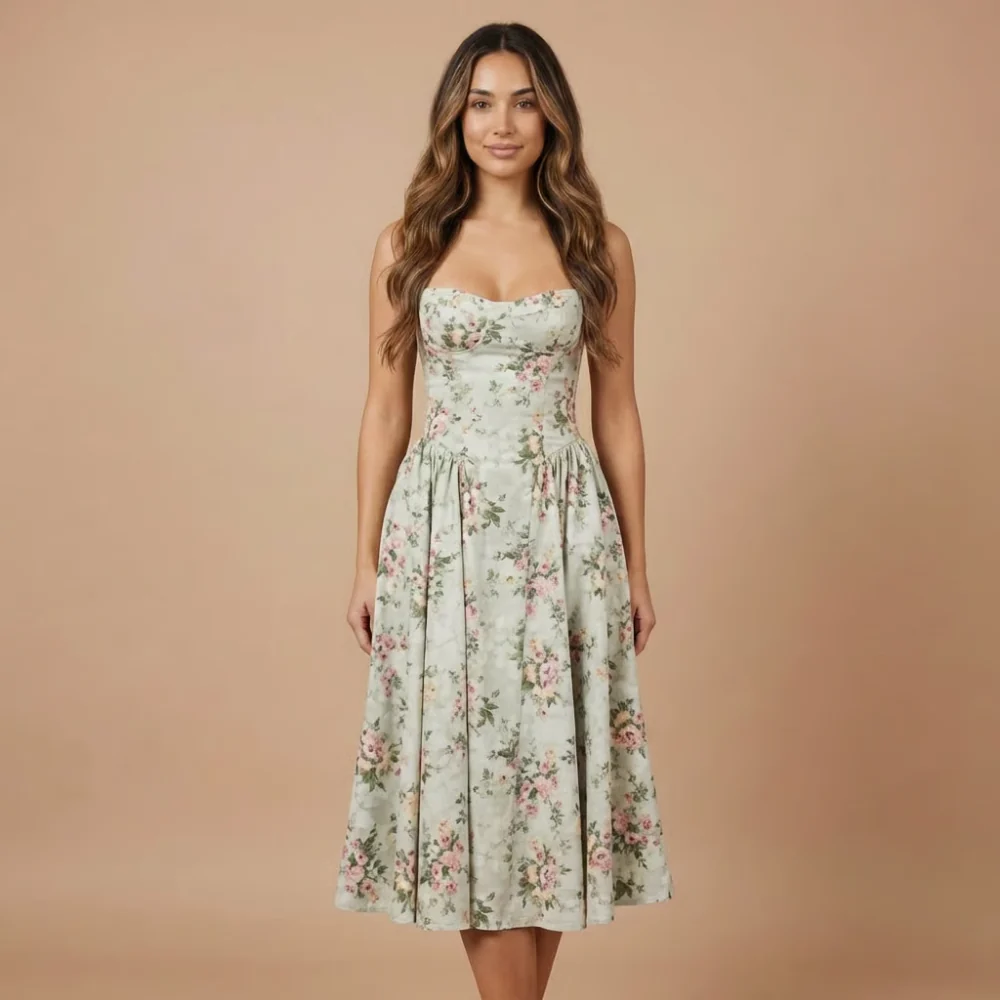 Damen Midi-Kleid mit Blumenmuster und geradem Ausschnitt f��r Hochzeitsg?ste