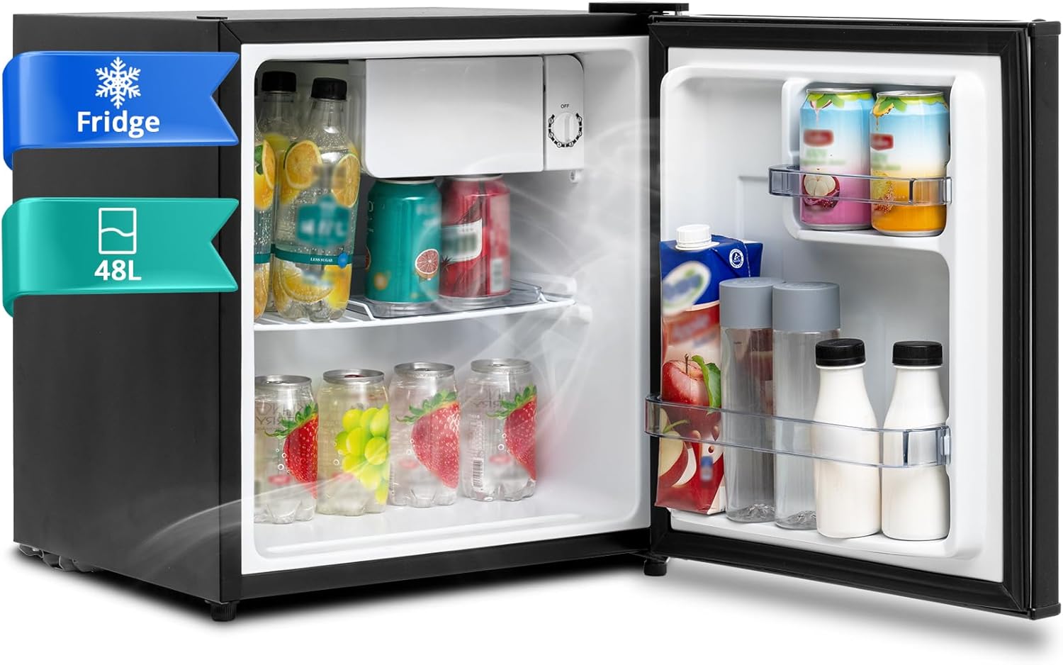 SMETA Mini kühlschränke 45L, Getränkekühlschrank klein 230V, Leise Tischkühlschrank für Büro, Camping, Schlafzimmer & Hotel mit Umkehrbarer 6-Stufen Thermostat, 39dB, 0-10℃,Schwarz