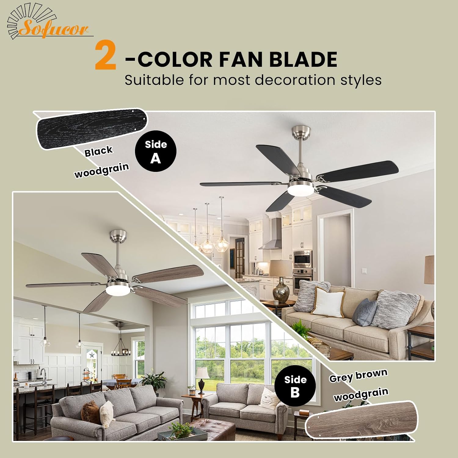 Sofucor Deckenventilator mit Beleuchtung und Fernbedienung, DC, 132 cm, 5 Flügeln, Timer, 3 Farbtemperatur, 6 Geschwindigkeiten, Sommer Winterbetrieb Leise Deckenventilator mit Licht für Wohnzimmer