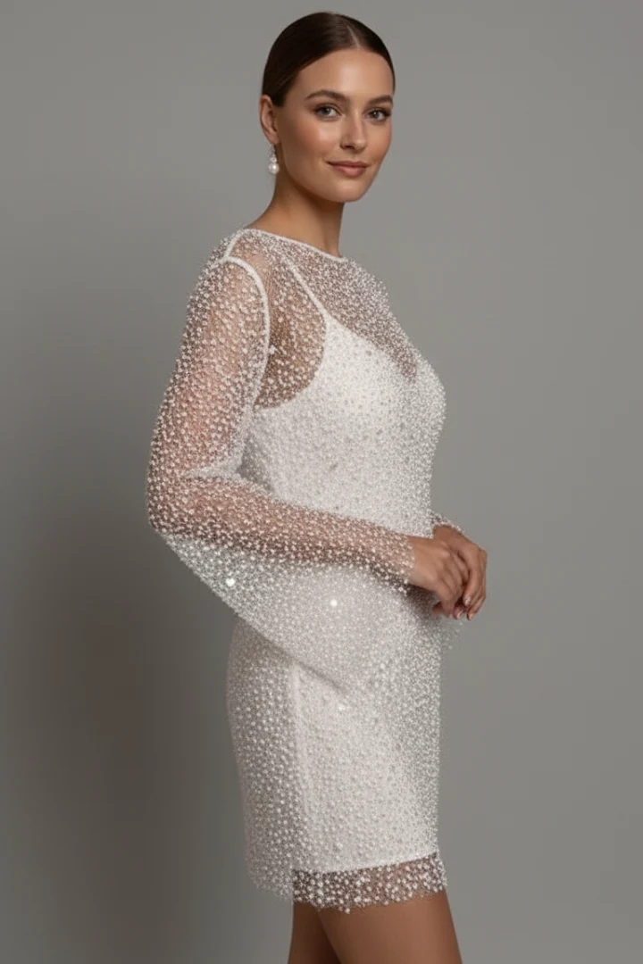 Damen Minikleid mit Mesh-Overlay und langen ?rmeln - Zweiteiliges Design mit ?rmellosem Unterkleid und Rundhalsausschnitt