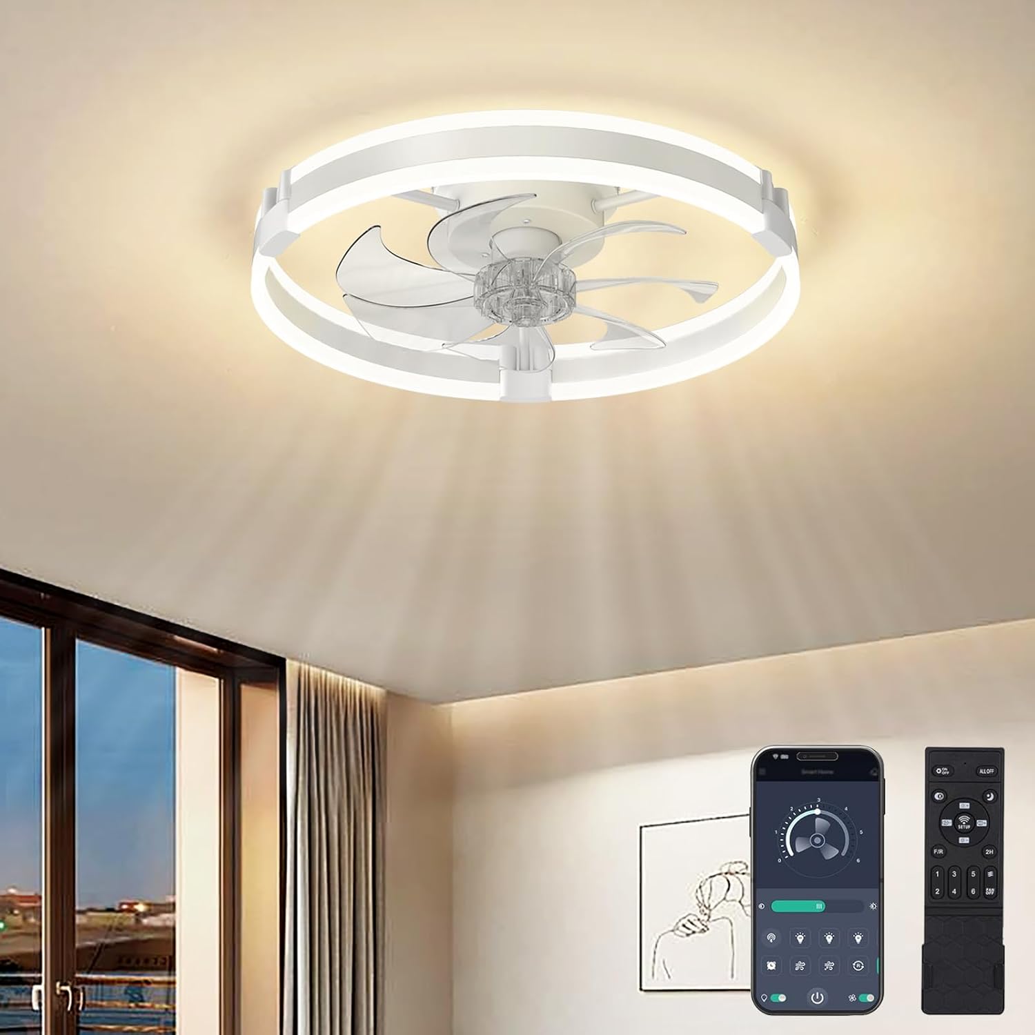 Deckenventilator-mit-Beleuchtun 50cm LED-Ventilator-Deckenleuchte Leise Fernbedienung Dimmbar 6 Geschwindigkeitsstufen Deckenventilator-Mit-Licht Timer Memory für Wohnzimmer Weiß