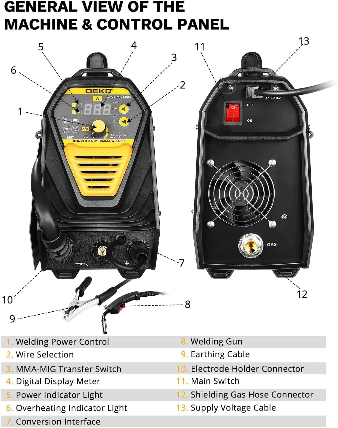 DEKO 135Amp MIG/MMA lasmachine, 110V, gasloos MIG / elektrode / gas-MIG 3-in-1 lasmachine met DC IGBT invertertechnologie.