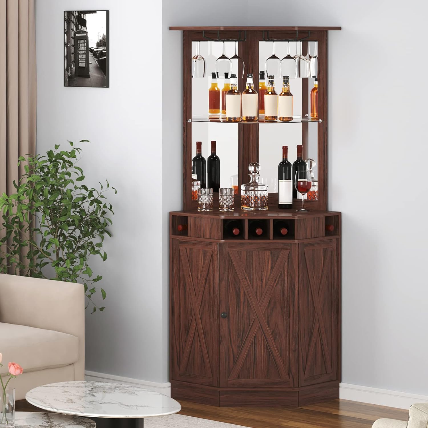 VEVOR Industrieller Eck-Barschrank, Weintisch für Spirituosen und Gläser, Sideboard-Buffetschrank mit Glashalter, Freistehender Kaffee-Barschrank aus Bauernholz für Wohnzimmer, Hausbar, Walnussholz