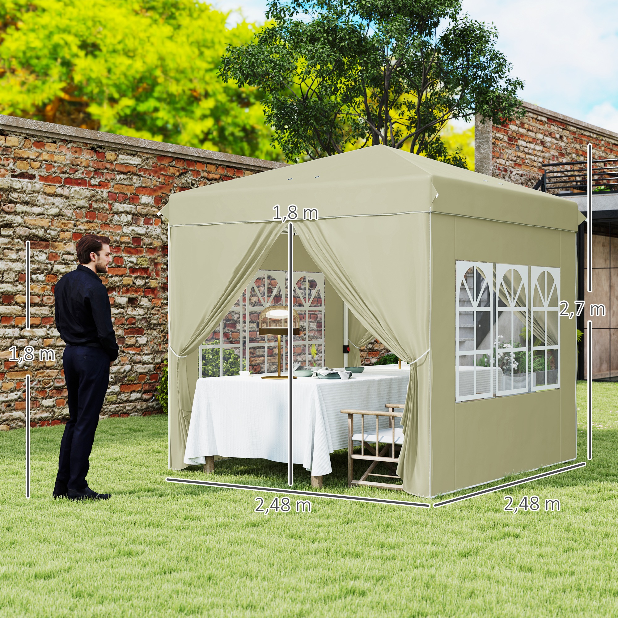 2,5 x 2,5 m Pop-up paviljoen met zijwanden en draagtas, UPF50+ in hoogte verstelbaar tuinpaviljoen, Cr��mewit