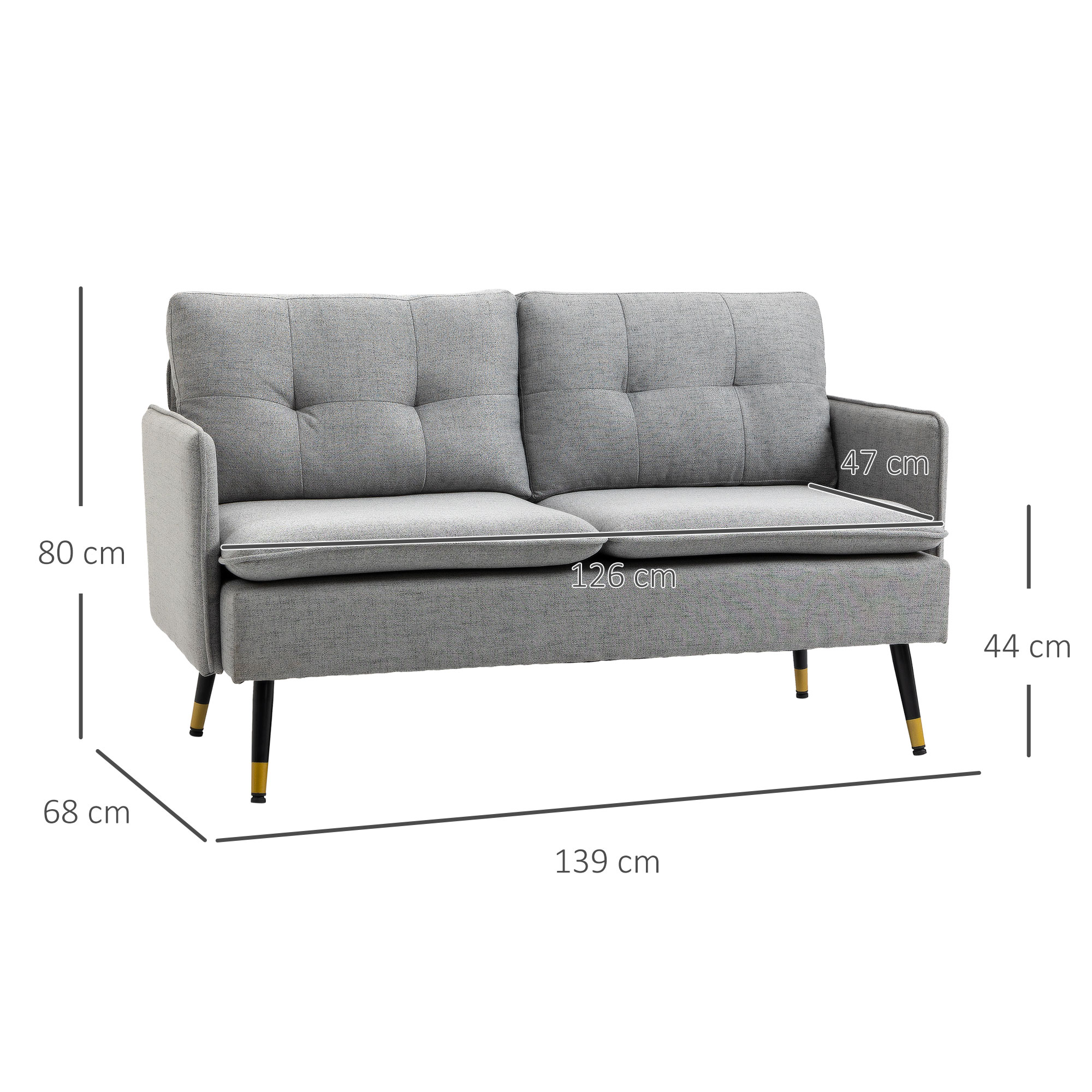 2-zitsbank in retro-design, met knoopstiksels, linnenlook, lichtgrijs+zwart+goud