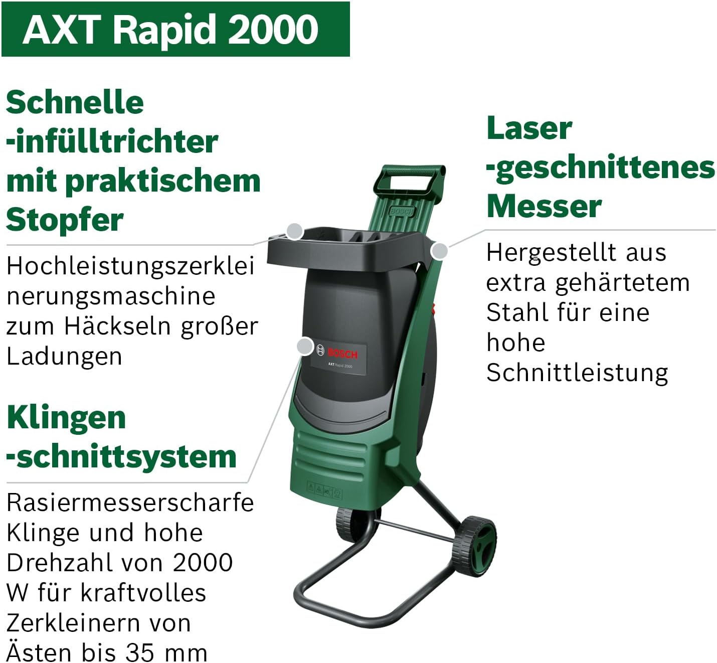 Bosch AXT Rapid 2000 Häcksler (zum leistungsstarken Häckseln von Gartenabfällen, kraftvoller 2000-W-Motor)