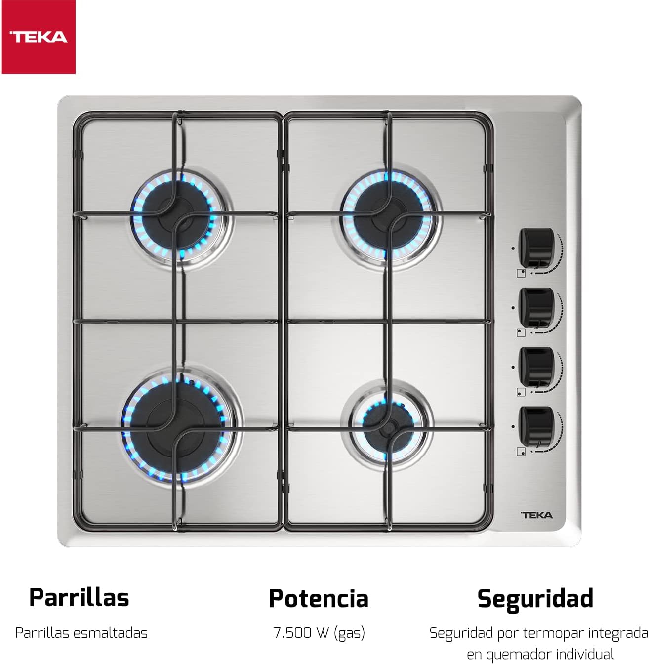 TEKA Placa de Gas Butano, 60 cm, 4 Fuegos, Mandos Ergonómicos, Seguridad Termopar, Parrillas Esmaltadas, HLX 640 KL