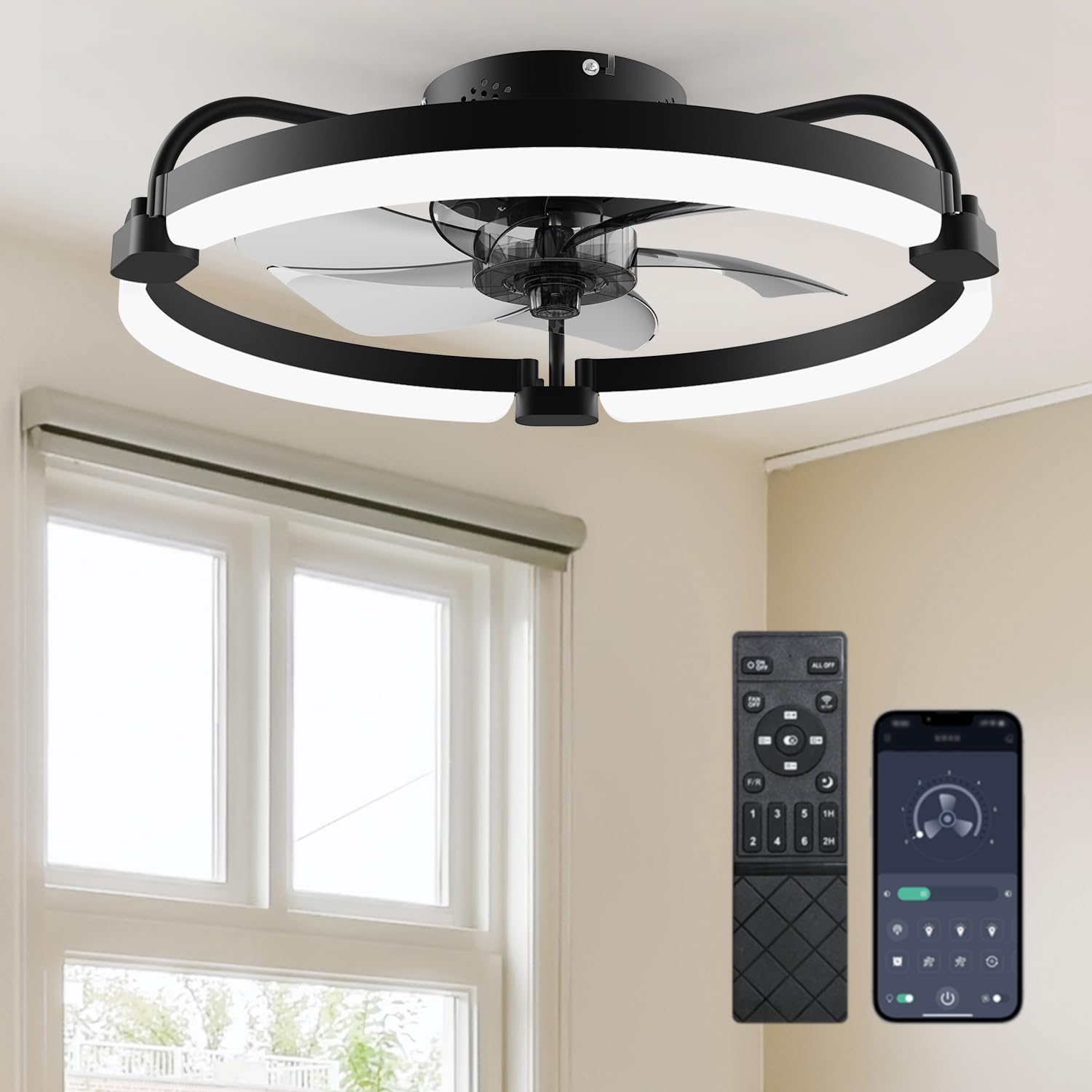 Ensenior Deckenventilator mit Beleuchtung, 50cm Deckenlampe mit Ventilator & Fernbedienung, 6 Geschwindigkeiten Leise, Stufenlos Dimmbar (3000K-6500K), Flaches Design für Schlafzimmer Büro - Schwarz