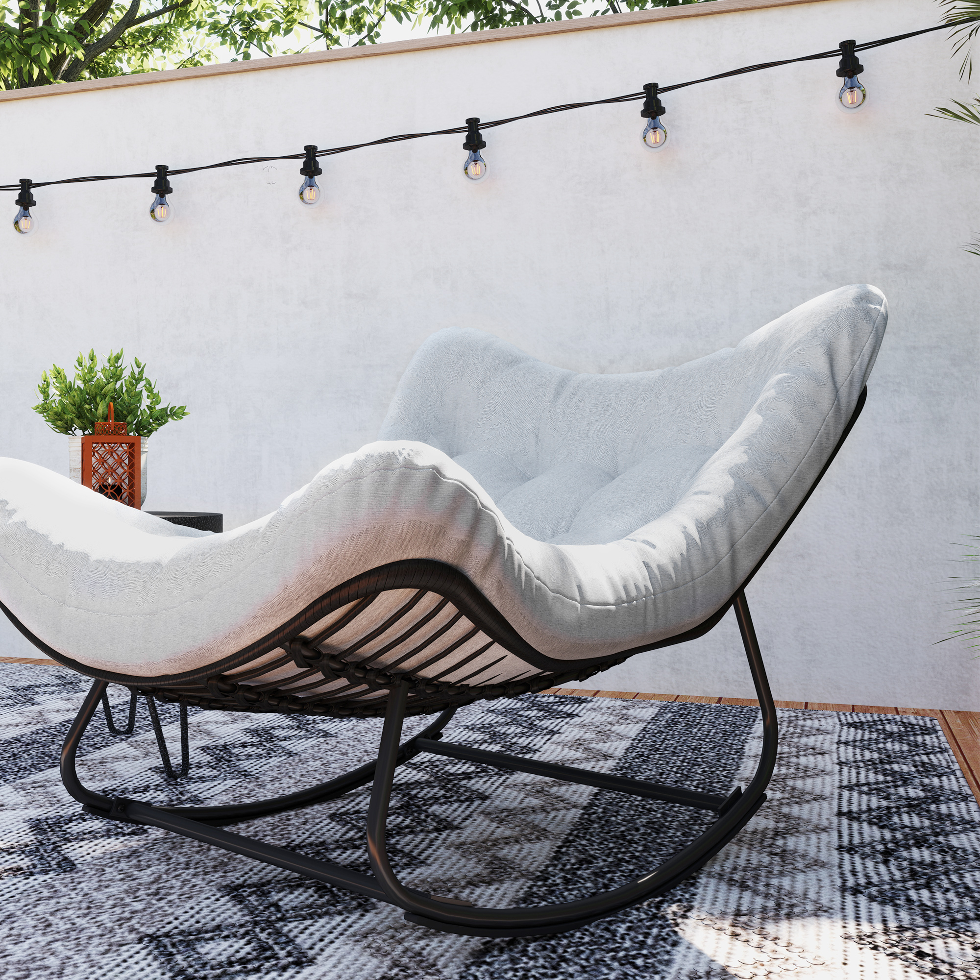 Rattan Schommelstoel Tuinbank met Stalen Frame en Kussen Schommelbank 98 x 111 x 74 cm Grijs