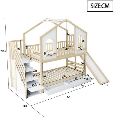 Kinderbett Etagenbett 90x200, Hochbett Hausbett mit Rutsche&Aufbewahrungsleiter&2 Schubladen&Fenstern&Dach, Stockbett Doppelbett Holzbett mit Lattenrost&Rausfallschutz, Kiefer,Ohne Matratze,Holzfarbe