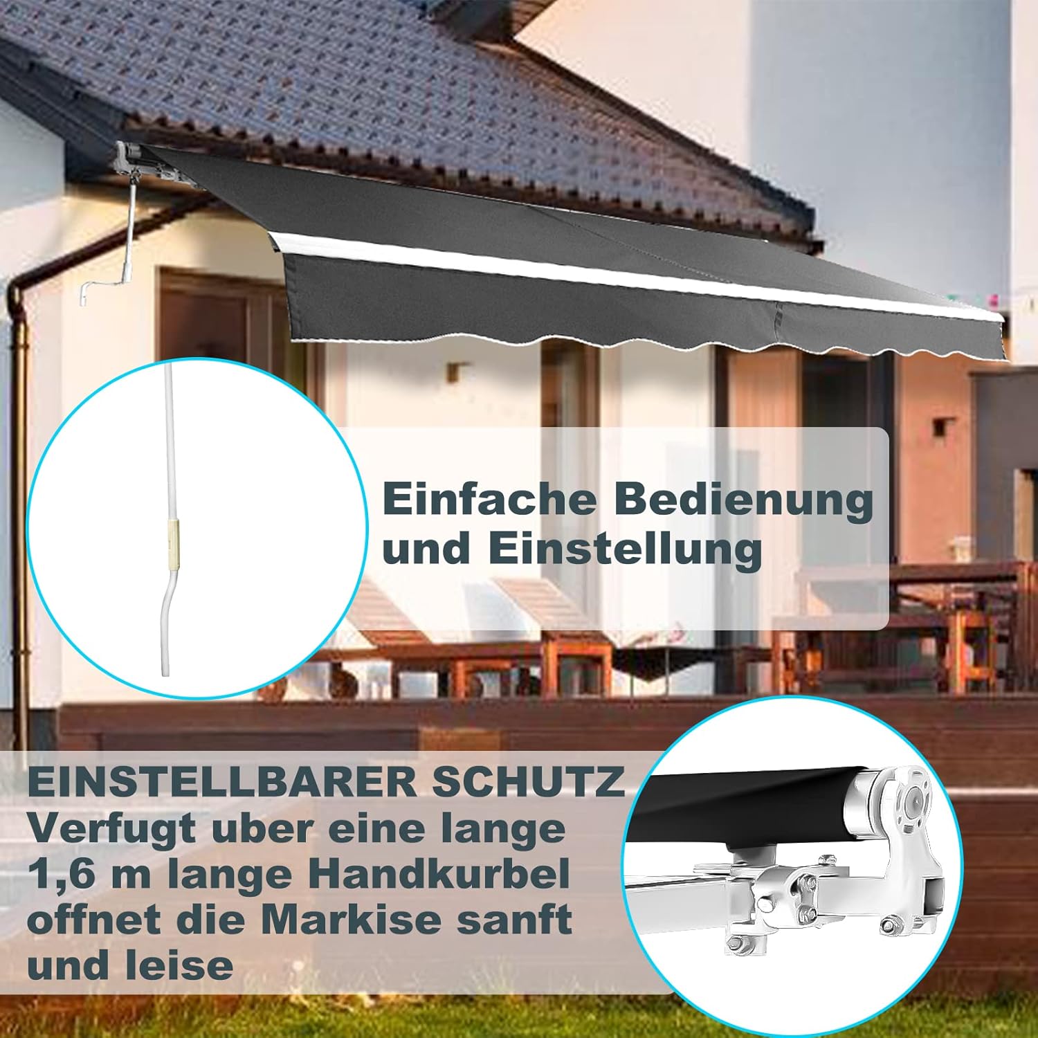 manuelle Gelenkarmmarkise 350 x 300 cm Markise Sonnenmarkise Sonnenschutz mit Kurbel, Anti-UV und wasserfest, Alu/Polyester für Balkon, Terrasse, Garten, Grau