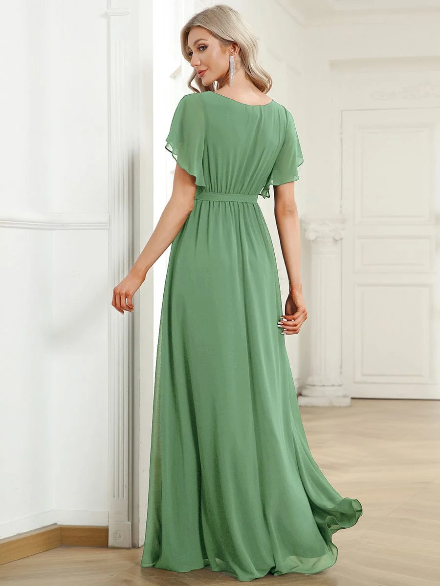Abendkleid Damen Maxi A-Linie aus Chiffon | Festliches Kleid f��r Hochzeitsg?ste mit V-Ausschnitt und Fl��gel?rmeln