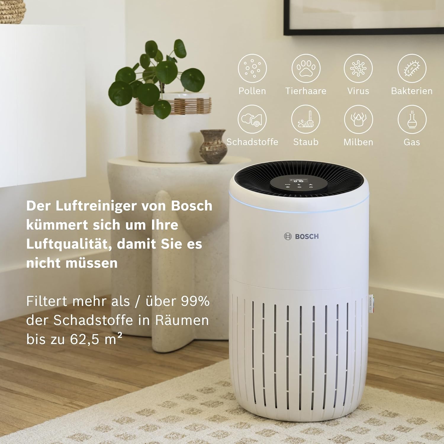 Bosch Air 4000 Luftreiniger - Für Räume bis zu 62,5 m² - Entfernt effizient Schadstoffe - Mit 3-in-1 Luftfilter, Smart Sensor, Automatikmodus, Ruhemodus (< 25 dB(A)) - CADR: 300 m³/h