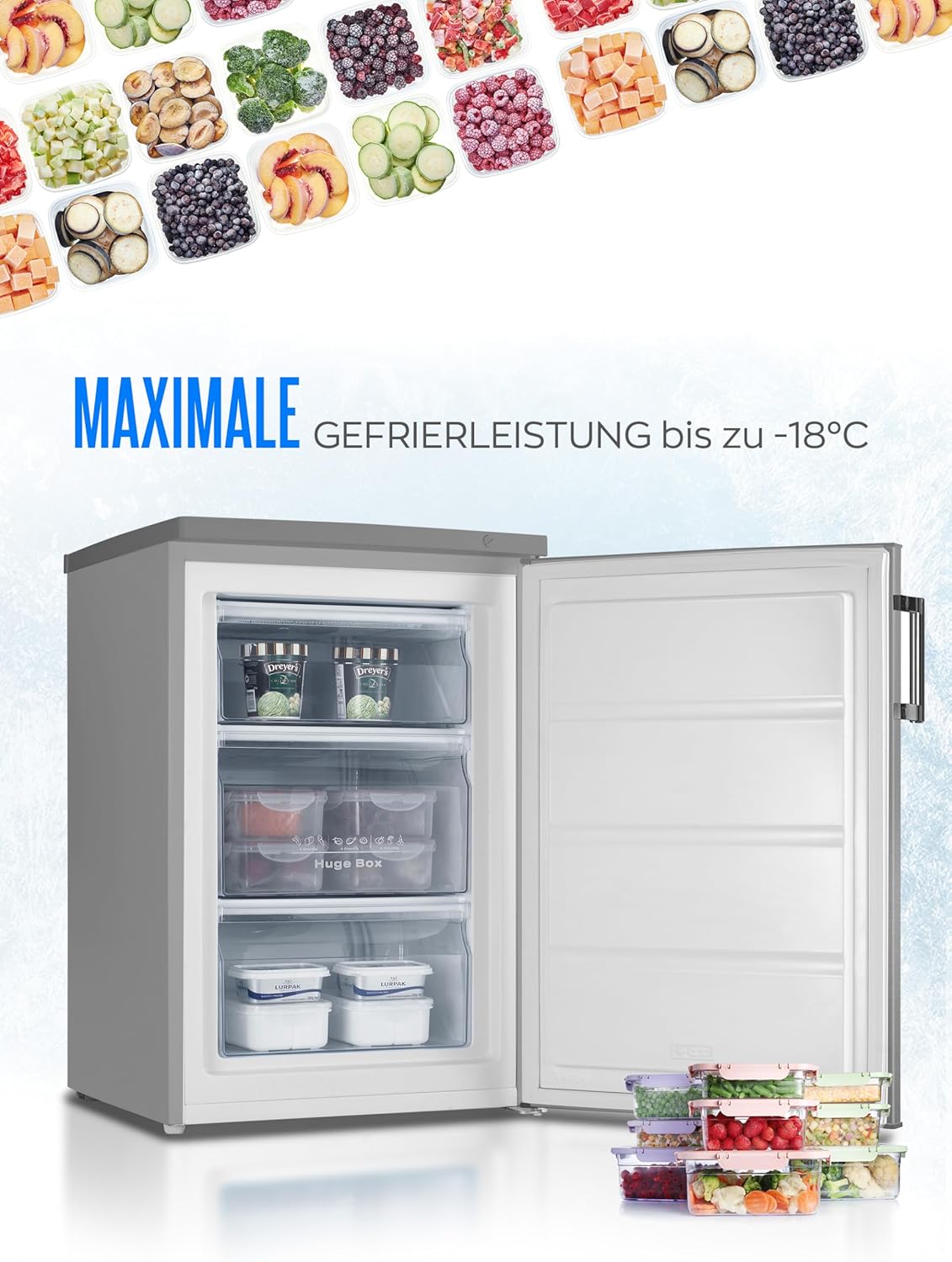 Heinrich´s Gefrierschrank 61Liter -18°C Freezer, 3x Gefrierschublade, 7 Stufen Temperaturregler, Airflow, wechselbarer Türanschlag weiß