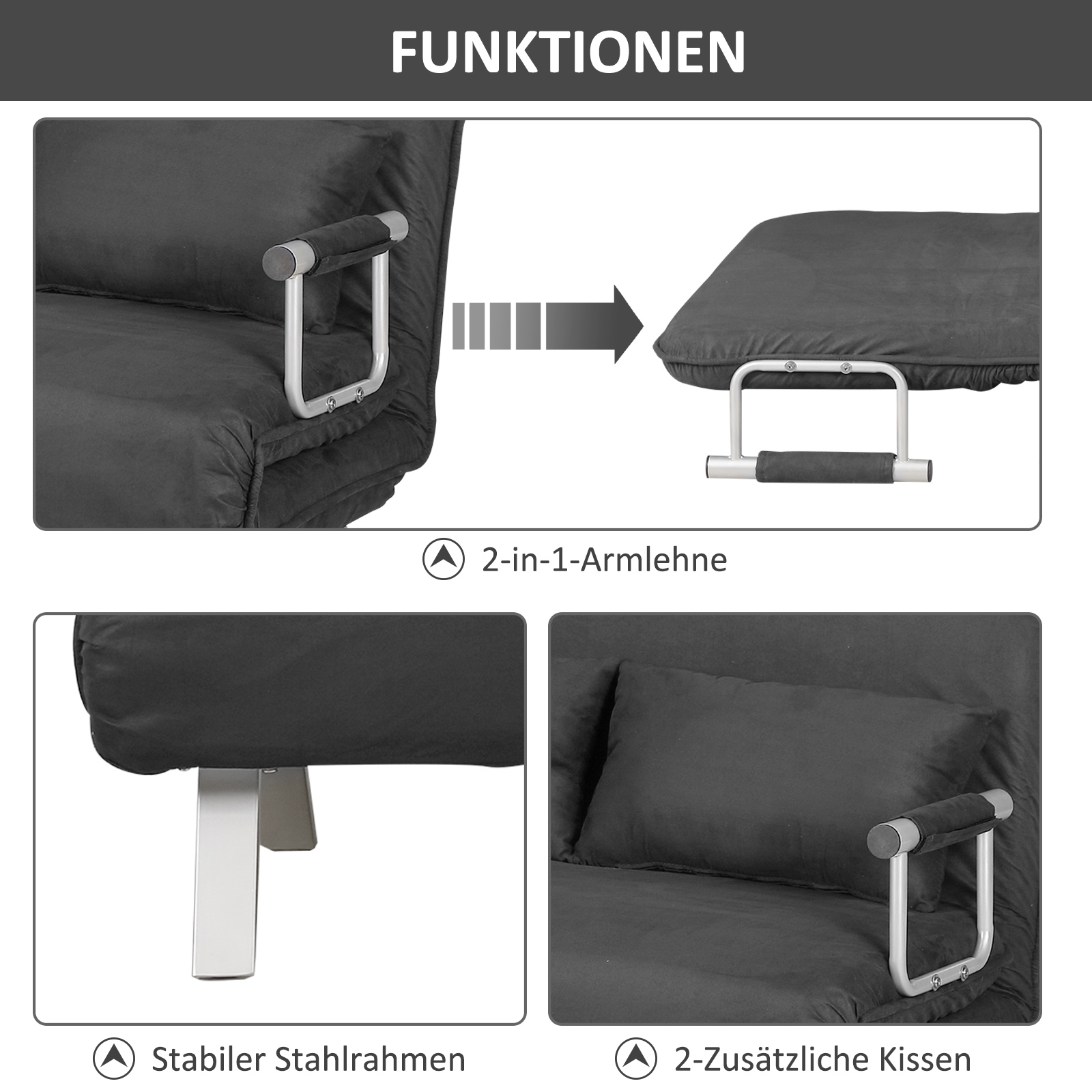tweezits bedbank met armleuningen, 3-in-1 slaapbank, logeerbed, opvouwbare matras, opklapbed, chaise longue, multifunctioneel, imitatie-su��de grijs 105 x 80 x 78 cm