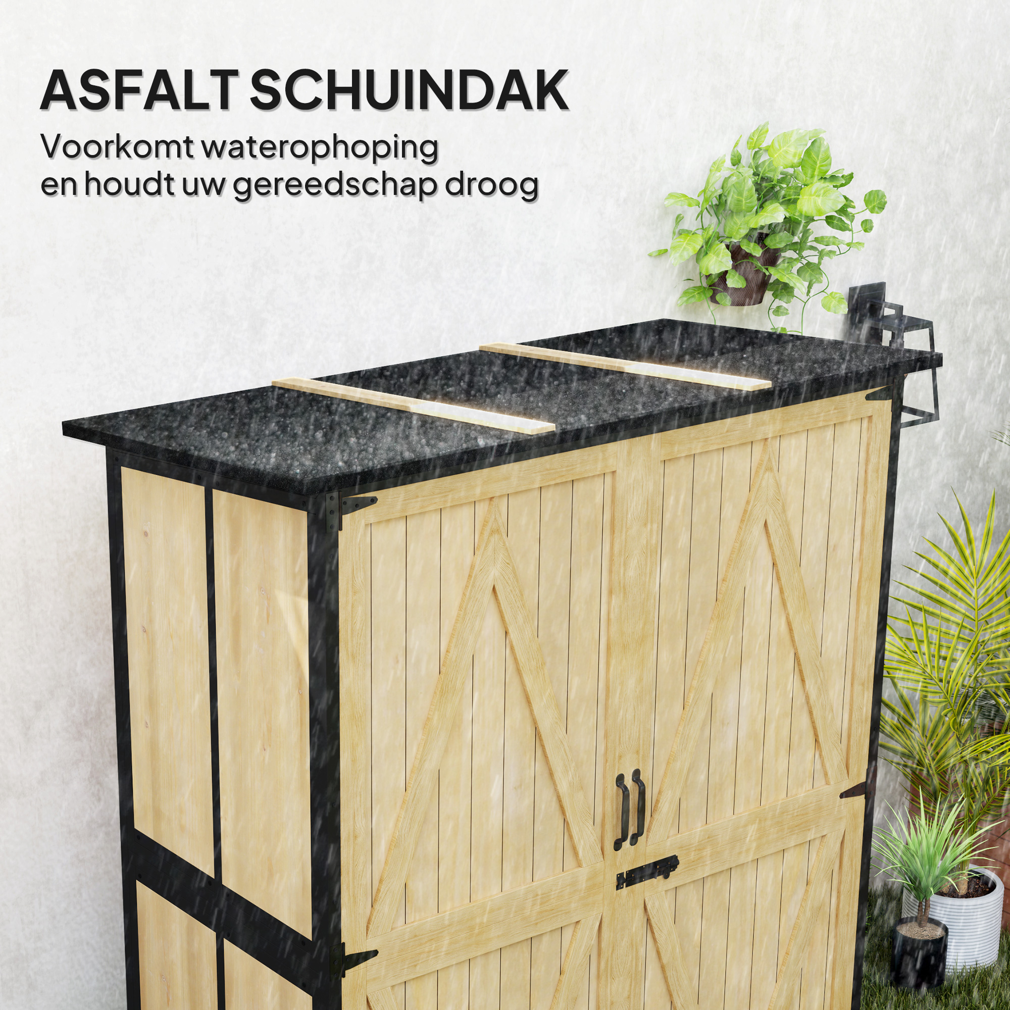 Outsunny Houten en Stalen Tuinkast, Buiten Gereedschapskast met Asfaltdak, 2 Planken, Afsluitbare Deuren, Natuurhout