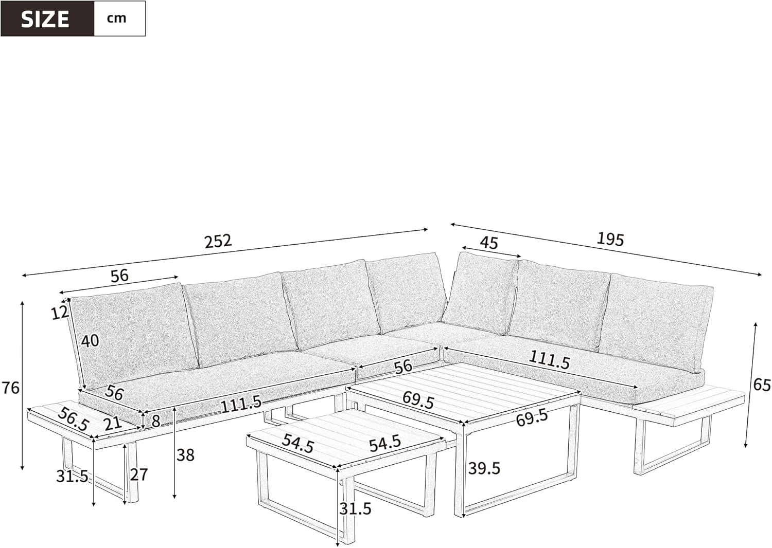 Gartenmöbel-Set, Eckstellung, mit Verstellbarer Neigungsfunktion (5-stufig, bis 55°), verzinktes Stahlrohr, Tischplatte aus Kunststoffholz, mit Zwei Couchtischen, Beige + grau