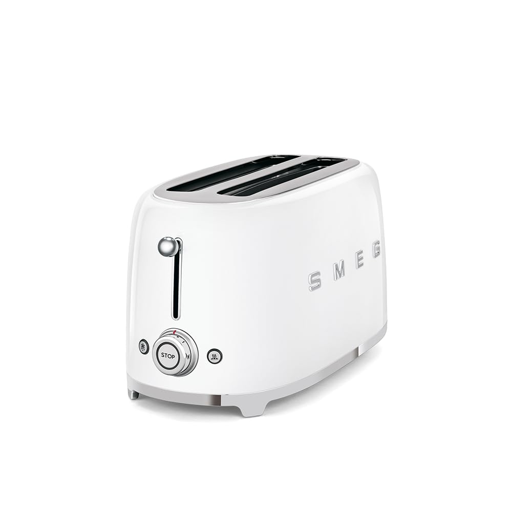 Smeg, 2x2 TSF02WHEU -Toaster, 2 lange Schlitze für 2 Scheiben, 6 Vergoldungsniveaus, Heizfunktion, Abtau- und Bagel- Funktion, Sammelschublade, 950W, Weiß