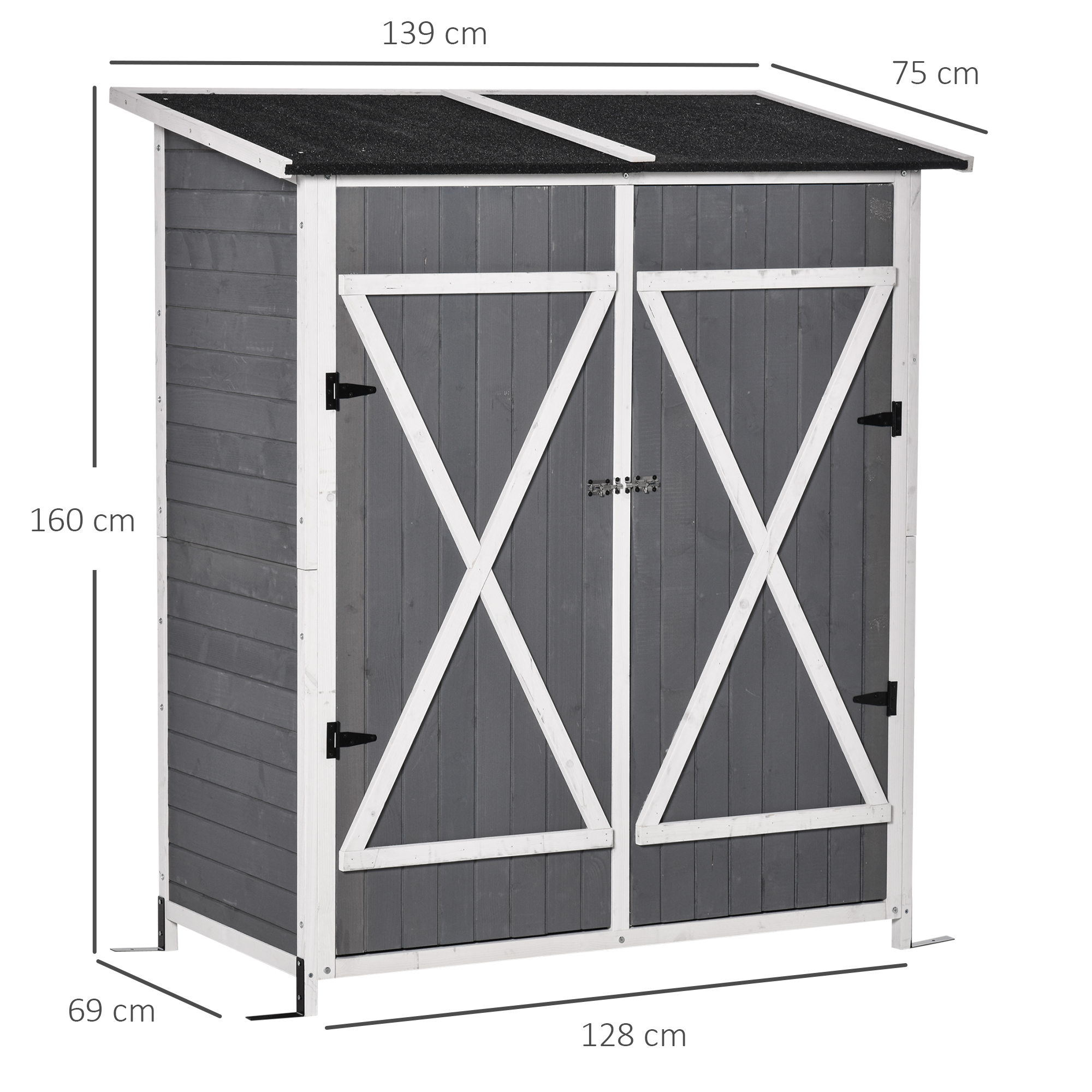 gereedschapsschuur met 2 deurs gereedschapskast met asfaltdak Tuin opbergkast anti-dumping design met grondspijkers dennenhout grijs + wit 139 x 75 x 160 cm