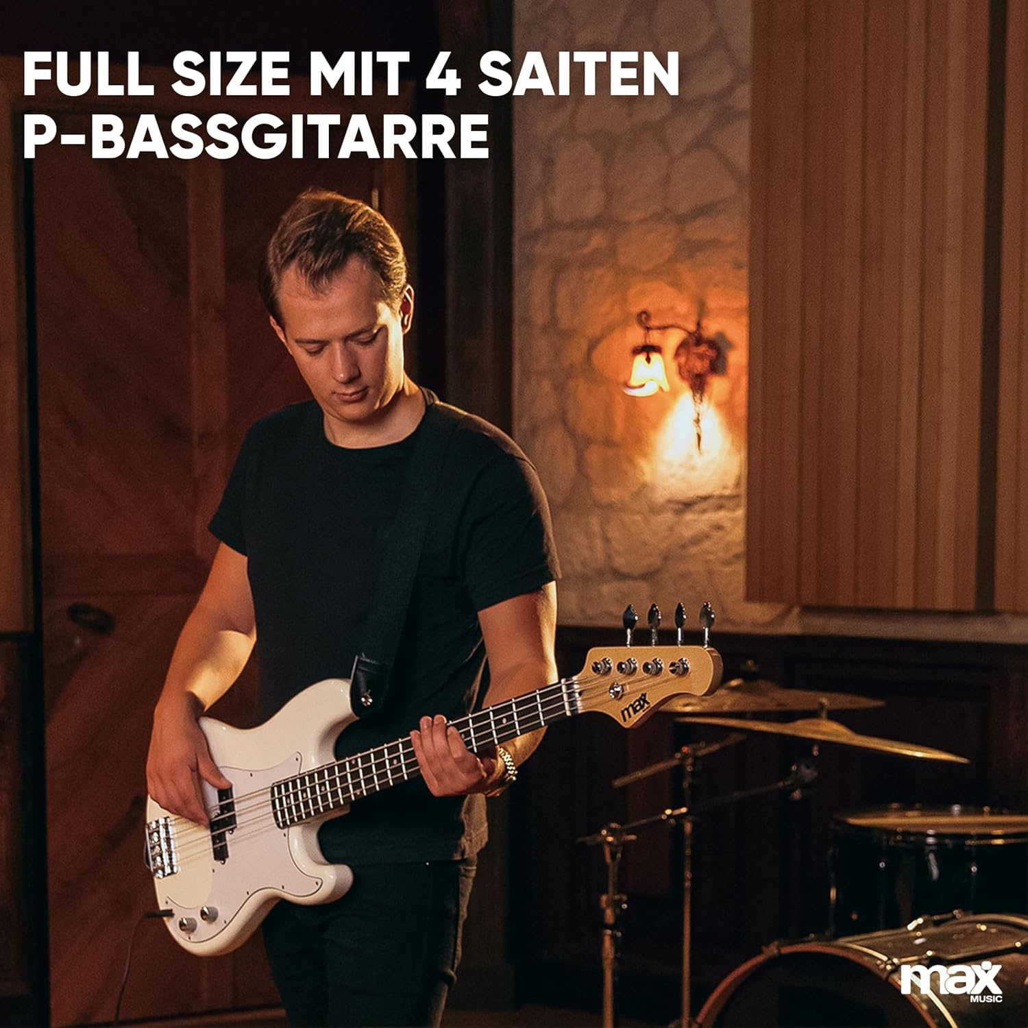 MAX GigKit Bassgitarre Set, E Bass Gitarre, Bass Guitar mit Gitarrenverstärker, Tasche, Stimmgerät, Plektren, Ständer, Gurt, Kabel und Ersatzsaiten - 21 Bünde - Weiß