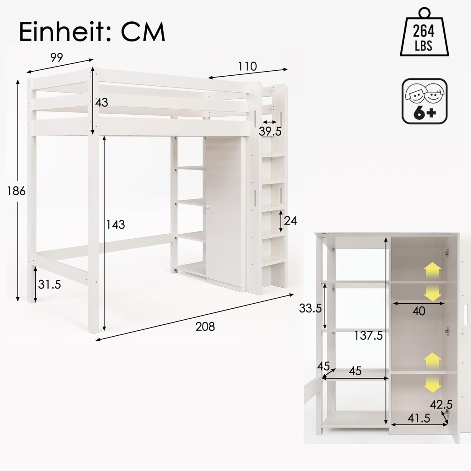 Hochbett Kinderbett 90x200 cm mit Kleiderschrank, Etagenbett Bett mit Stauraum Regalen, Einzelbett mit Leiter und Rausfallschutz, Jugendbett mit Lattenrost, Ohne Matratze, Weiß