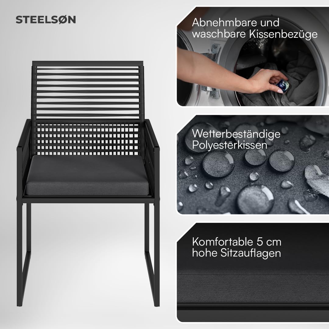 STEELSØN 3-TLG Garten-Essgruppe Kynaris, Esstisch mit 2 Stühlen, gartenmöbel Sitzgruppe Polyrattan mit Kissen, Gartenlounge, Balkomöbel Set, schwarz