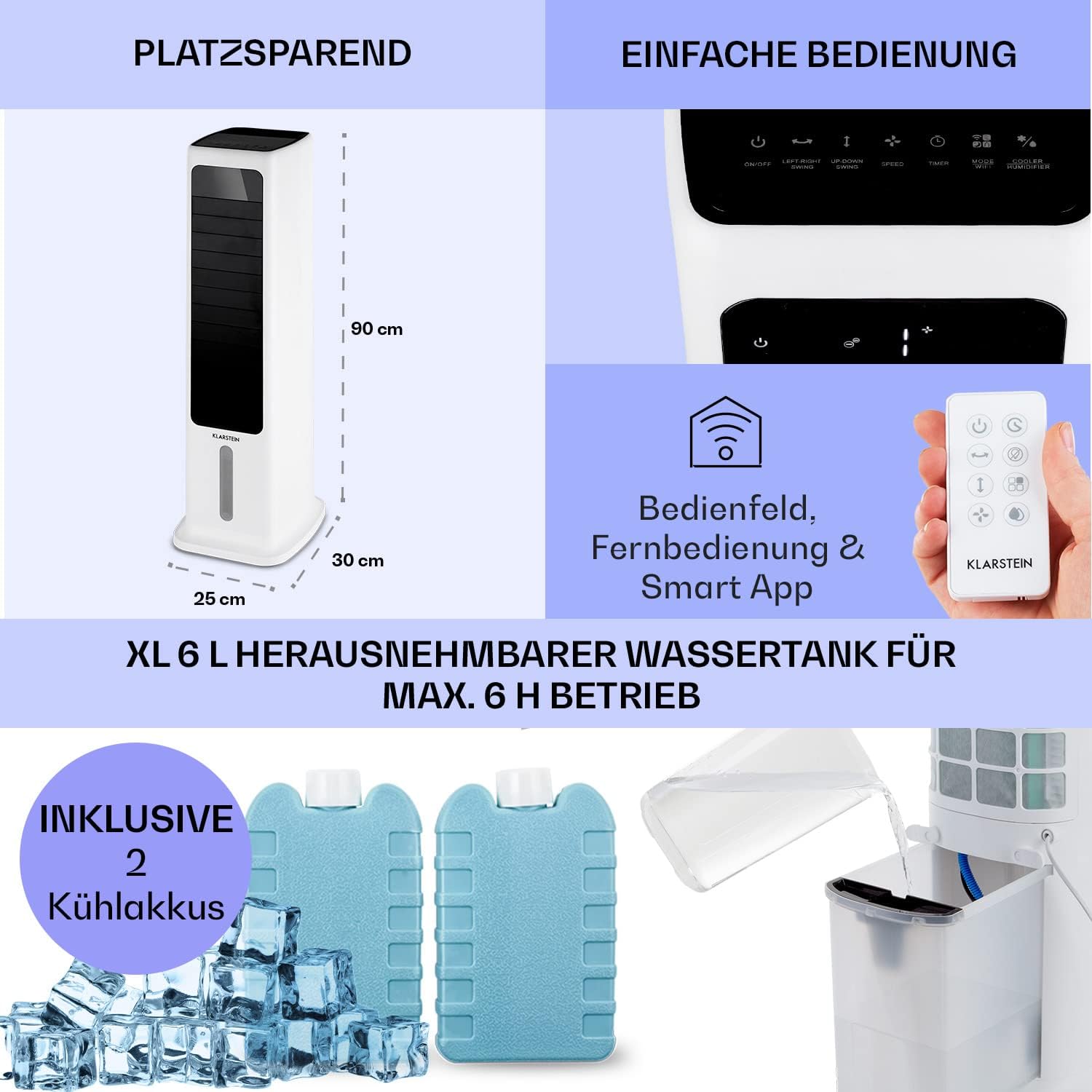 Klarstein Luftkühler mit Wasserkühlung, 5-in-1 Verdunstungskühler, Luftbefeuchter, Ventilator & Luftreiniger, Mobile Klimageräte Luftkühler mit App-Steuerung, 80W Air Cooler, 462m³/h Luftstrom, Weiß