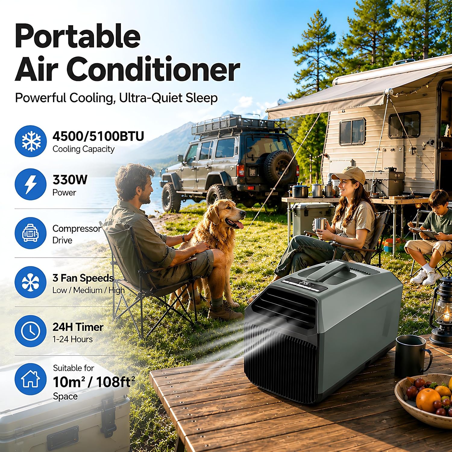 Aire Acondicionado Camping, Climatizador Portátil - 5100 BTU 24V/4500 BTU, Doble Tubo, 330W, 36dB Silencioso, Doble Rotor para Tienda, Autocaravana, Furgoneta Camper, Dormitorio 4500BTU/AC