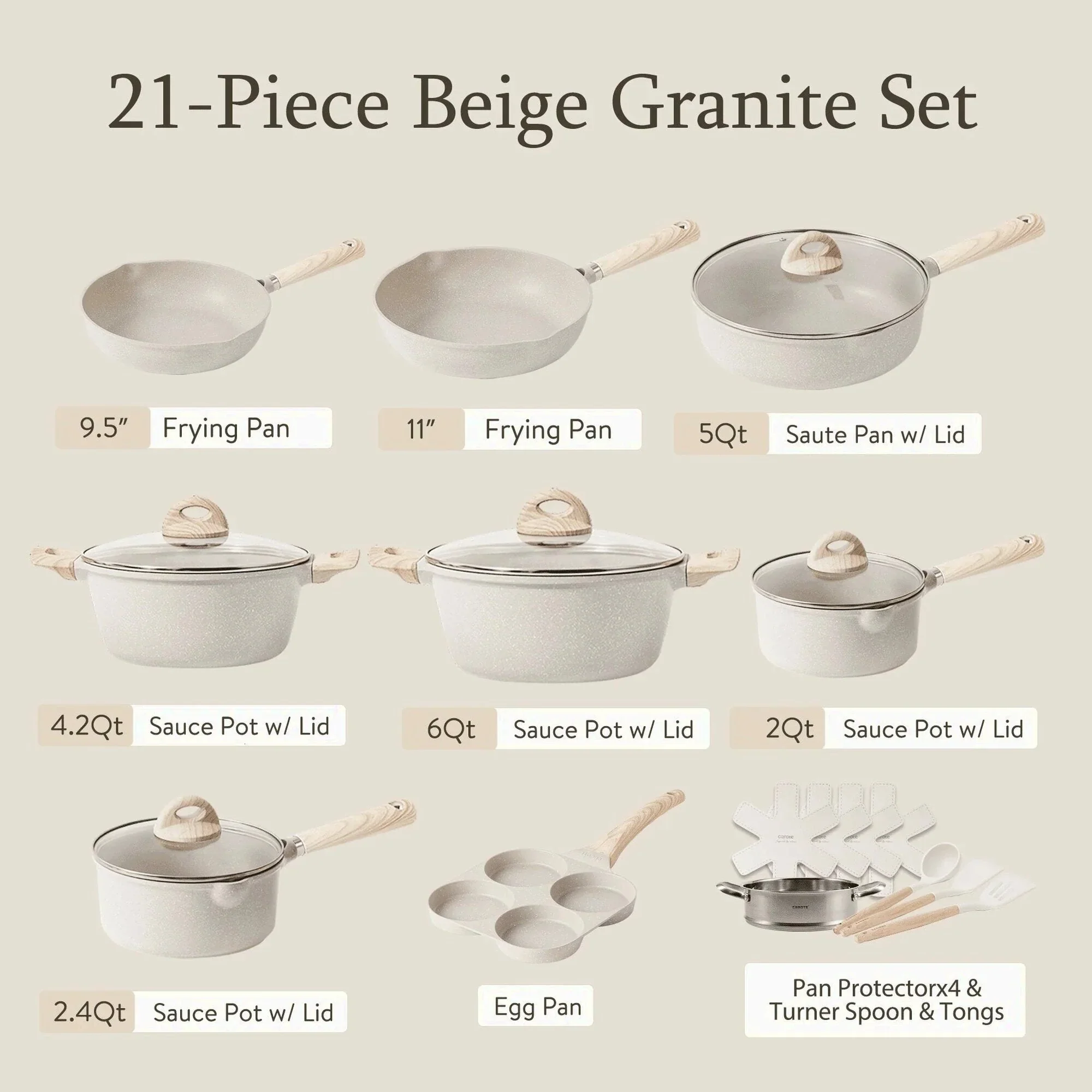 Carote 21-Piece Nonstick Cookware Set, Eco-Friendly Granite, Induction Compatible, Beige